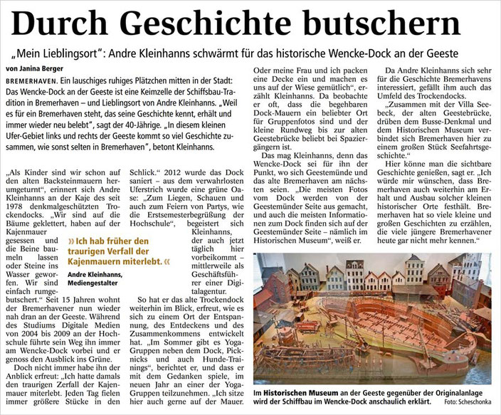 Serie "Mein Lieblingsplatz": Andre Kleinhanns und das Wencke-Dock, Text: Janina Berger (Nordsee Zeitung)